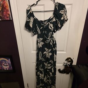 Floral Green and White Cutout Maxi Dress